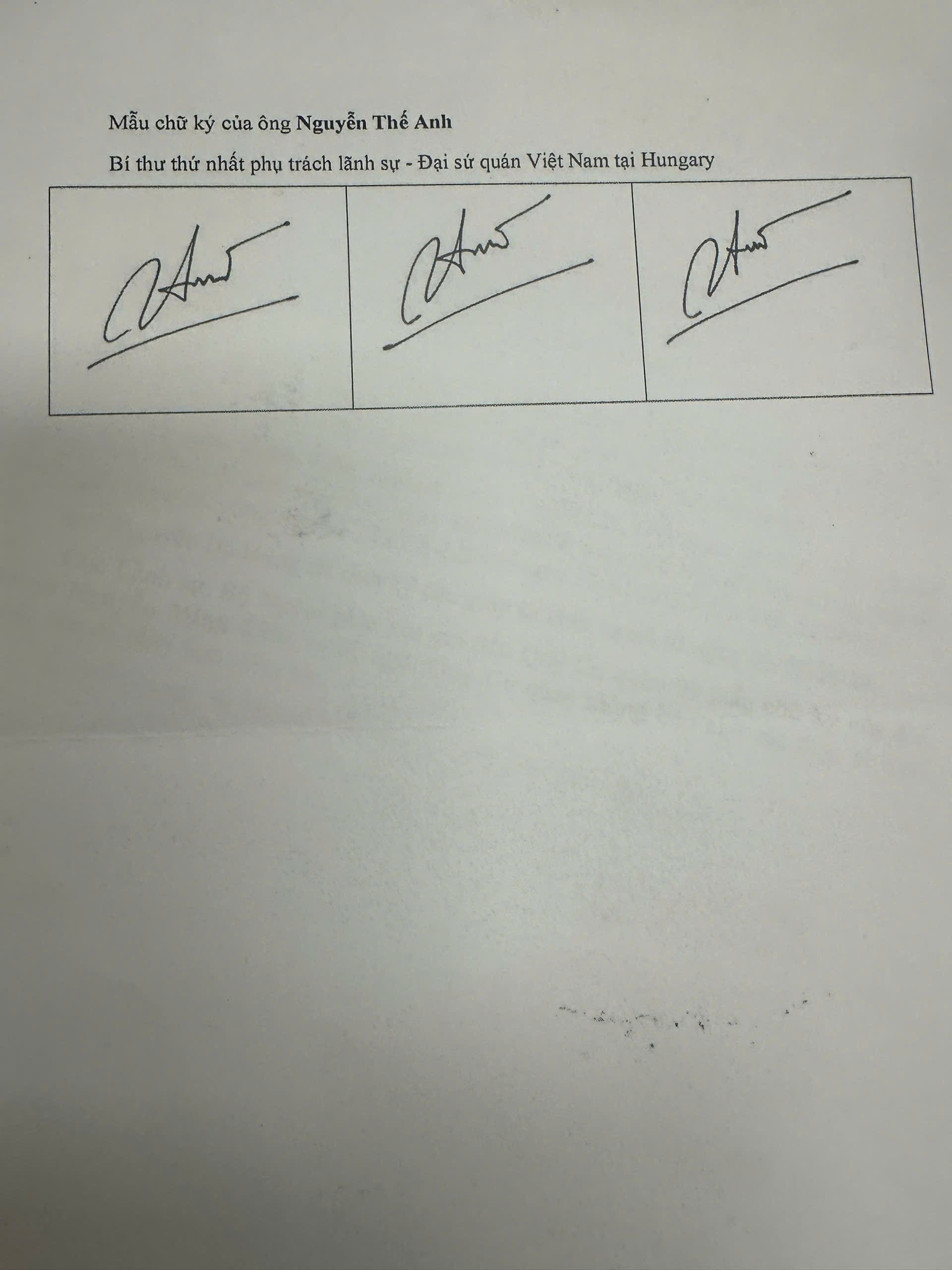 Thông báo chữ ký lãnh sự của đồng chí Nguyễn Thế Anh, Bí thư thứ Nhất Đại sứ quán Việt Nam tại Hung-ga-ri